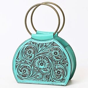 American Darling Turquoise Floral Hand Tooled Embossed Leather Handbag NWT